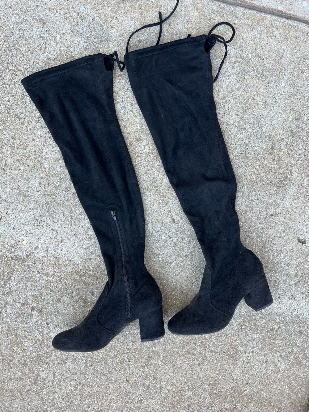 Black Faux Suede Tie-Back Over-the-Knee Block Heel Boots